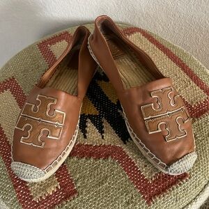 Tory Burch Ines Jute Trim Leather Espadrilles Tan Sz:7.5